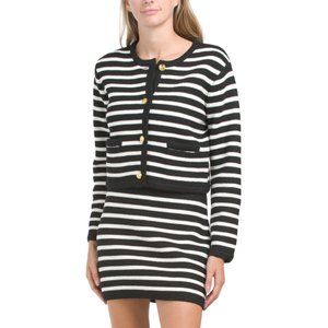 ENGLISH FACTORY Black/Ivory Stripe Gold Button Sweater Knit Cardigan